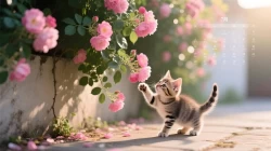 7月日历小猫墙角逗花电脑桌面壁纸