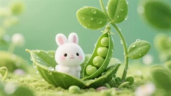 清新绿色豆荚与小白兔动漫插画