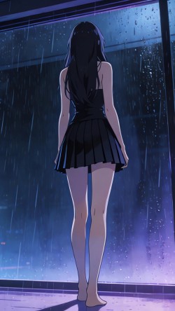 赛博朋克 房间 雨天 长发美女背影 望向窗外 4K手机壁纸竖屏