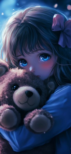 可爱女孩 蓝色眼睛 抱着小熊4k手机壁纸竖屏动漫高清