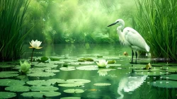 8月日历护眼绿色荷塘白鹭秘境